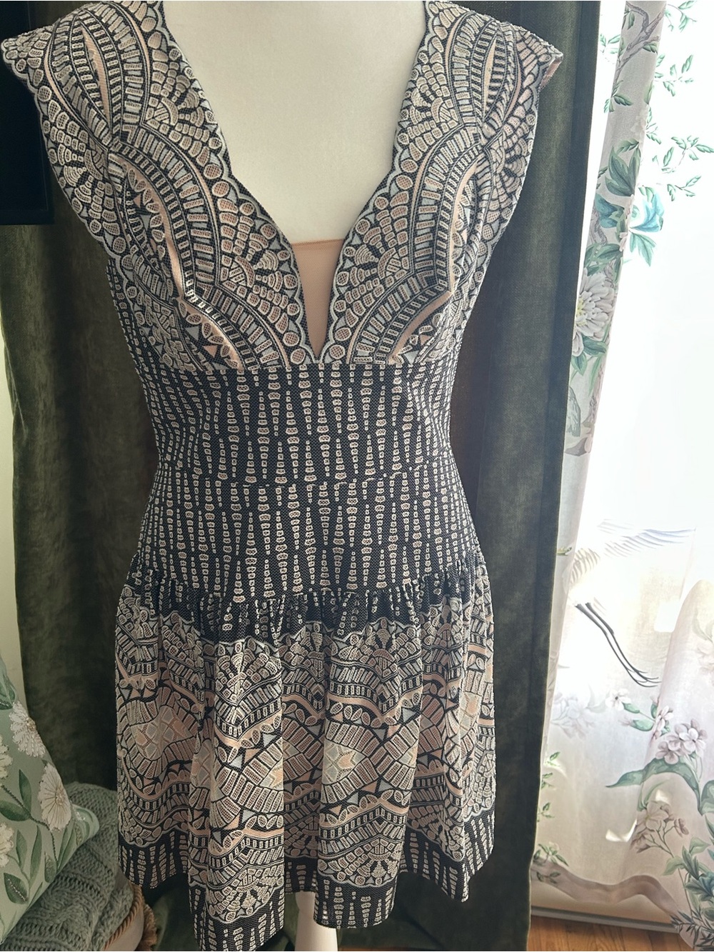 Marciano Black and Nude Patterned Deep V-Neck Mini Dress